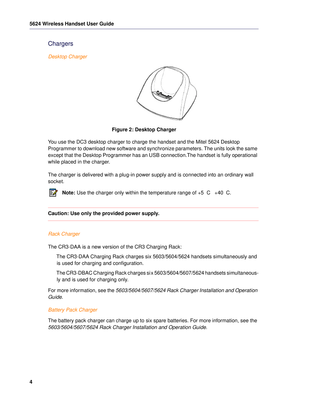 Mitel 5624 manual Chargers, Desktop Charger, Rack Charger, Battery Pack Charger 