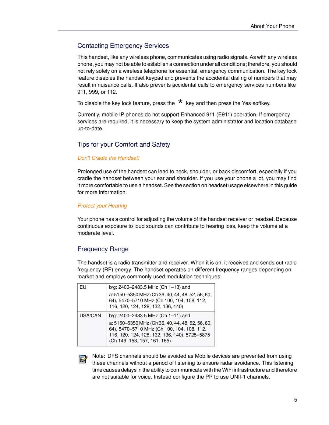 Mitel 5624 manual Contacting Emergency Services, Tips for your Comfort and Safety, Frequency Range, Dont Cradle the Handset 