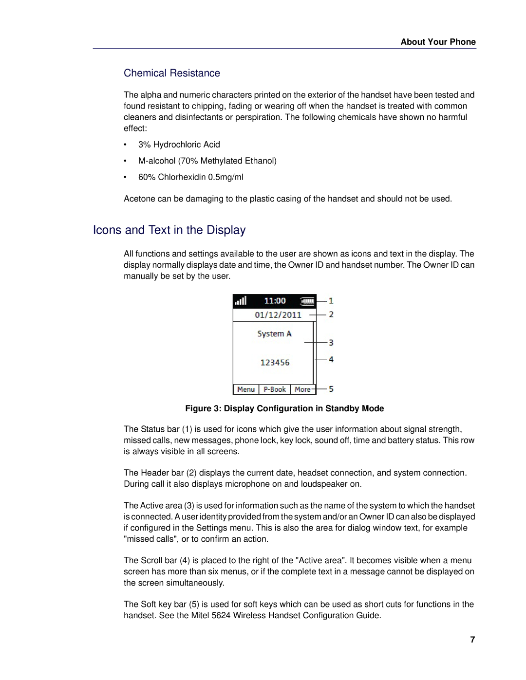 Mitel 5624 manual Icons and Text in the Display, Chemical Resistance 