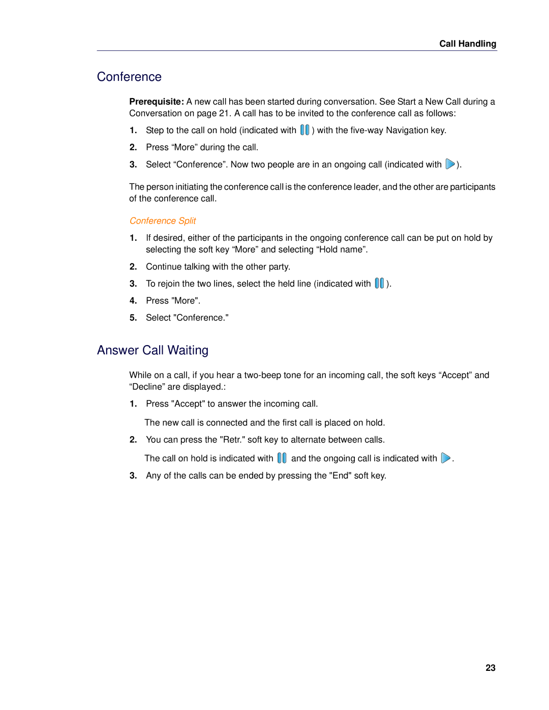 Mitel 5624 manual Answer Call Waiting, Conference Split 