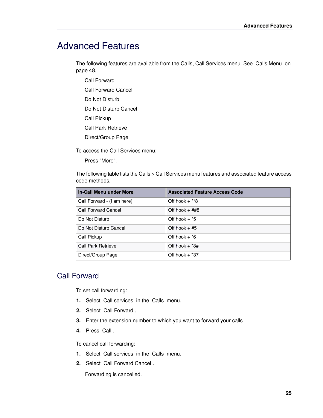 Mitel 5624 manual Advanced Features, Call Forward 