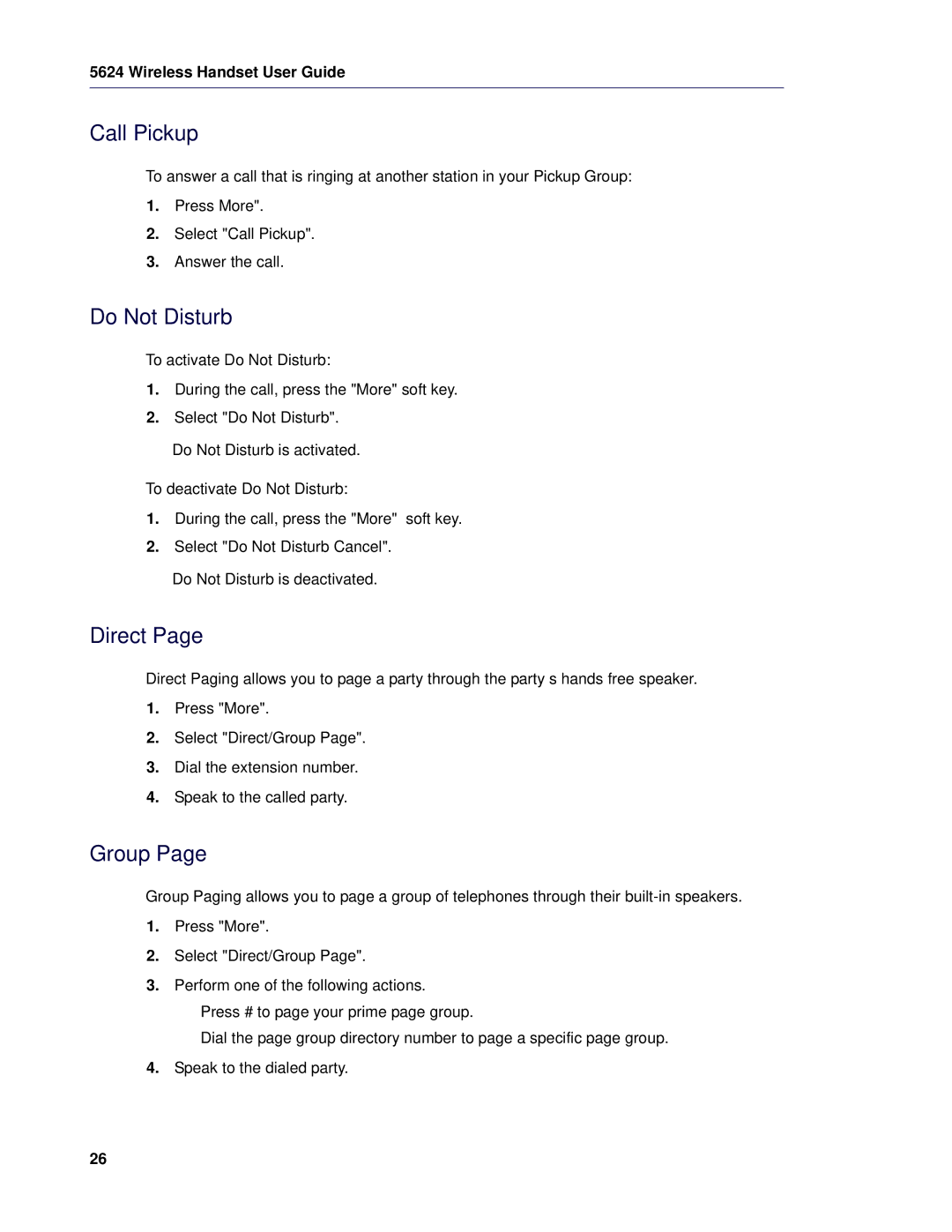 Mitel 5624 manual Call Pickup, Do Not Disturb, Direct, Group 