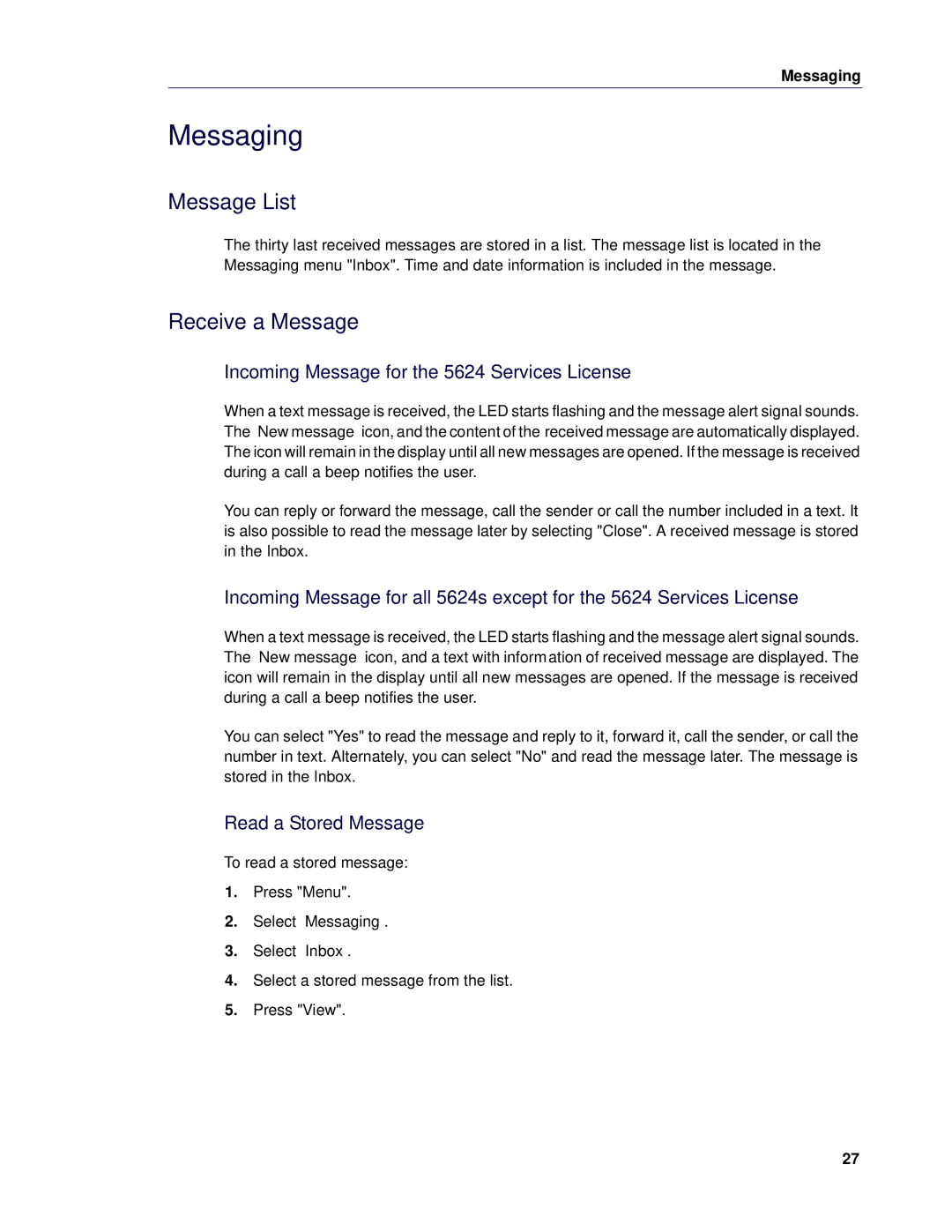 Mitel Messaging, Message List, Receive a Message, Incoming Message for the 5624 Services License, Read a Stored Message 