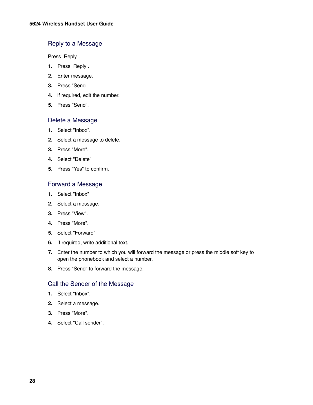Mitel 5624 manual Reply to a Message, Delete a Message, Forward a Message, Call the Sender of the Message 