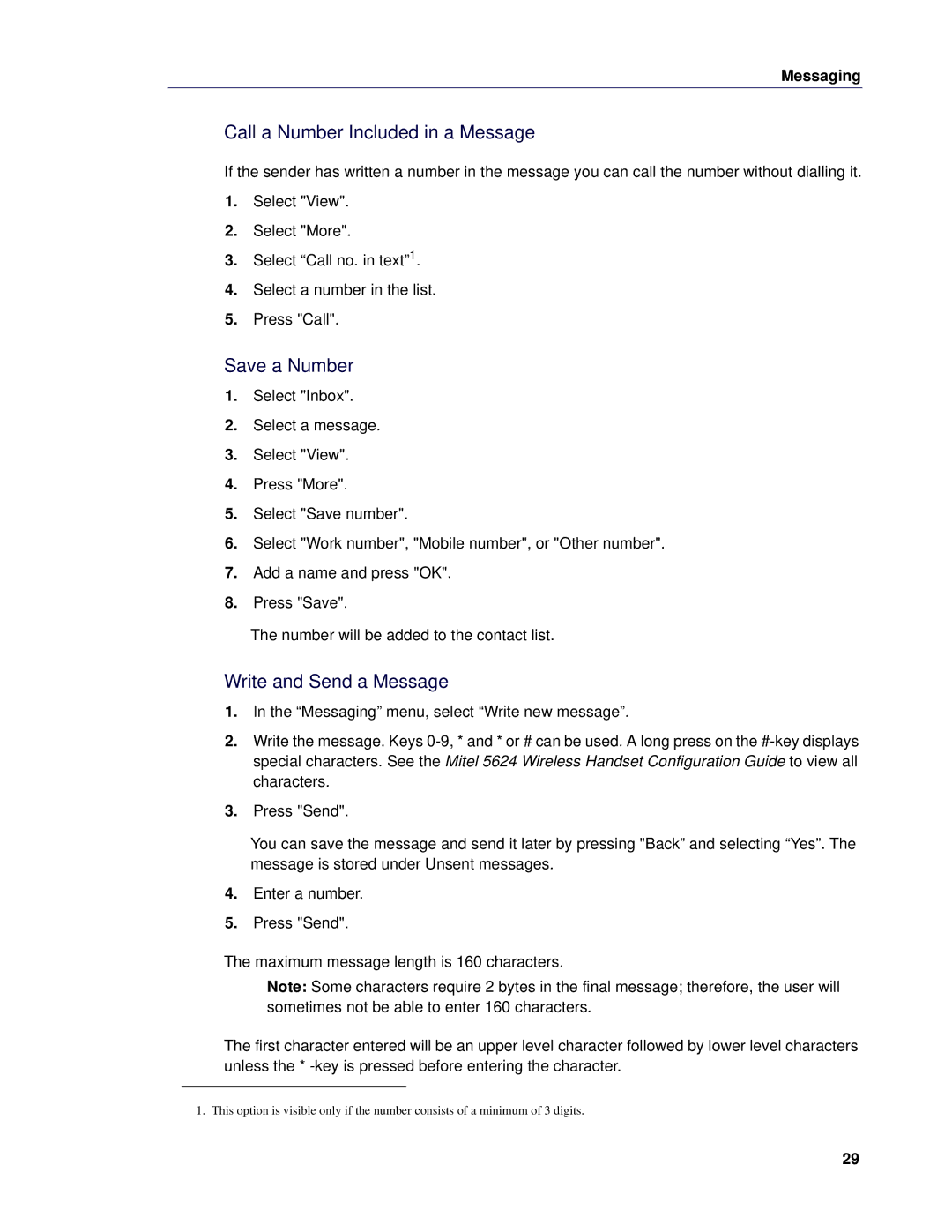 Mitel 5624 manual Call a Number Included in a Message, Save a Number, Write and Send a Message 