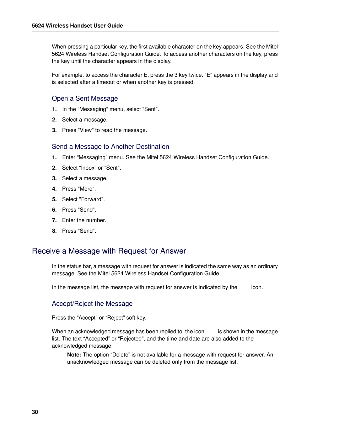 Mitel 5624 manual Receive a Message with Request for Answer, Open a Sent Message, Send a Message to Another Destination 