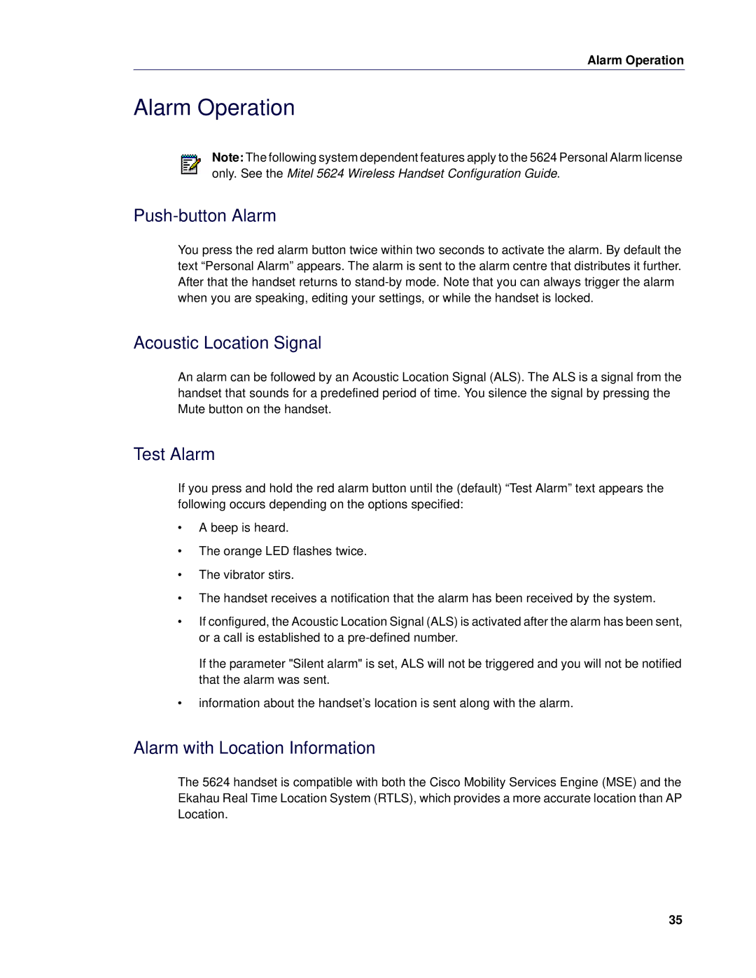 Mitel 5624 manual Alarm Operation, Push-button Alarm, Acoustic Location Signal, Test Alarm, Alarm with Location Information 