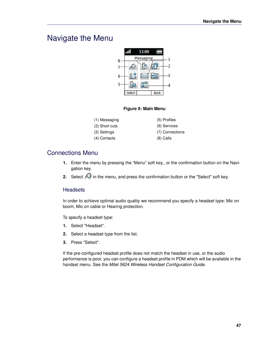 Mitel 5624 manual Navigate the Menu, Connections Menu, Headsets 