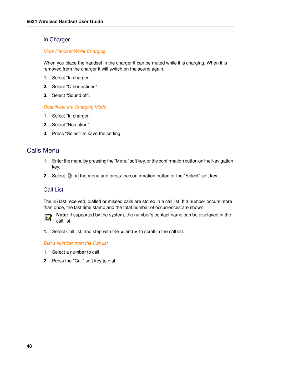 Mitel 5624 manual Calls Menu, Charger, Call List 