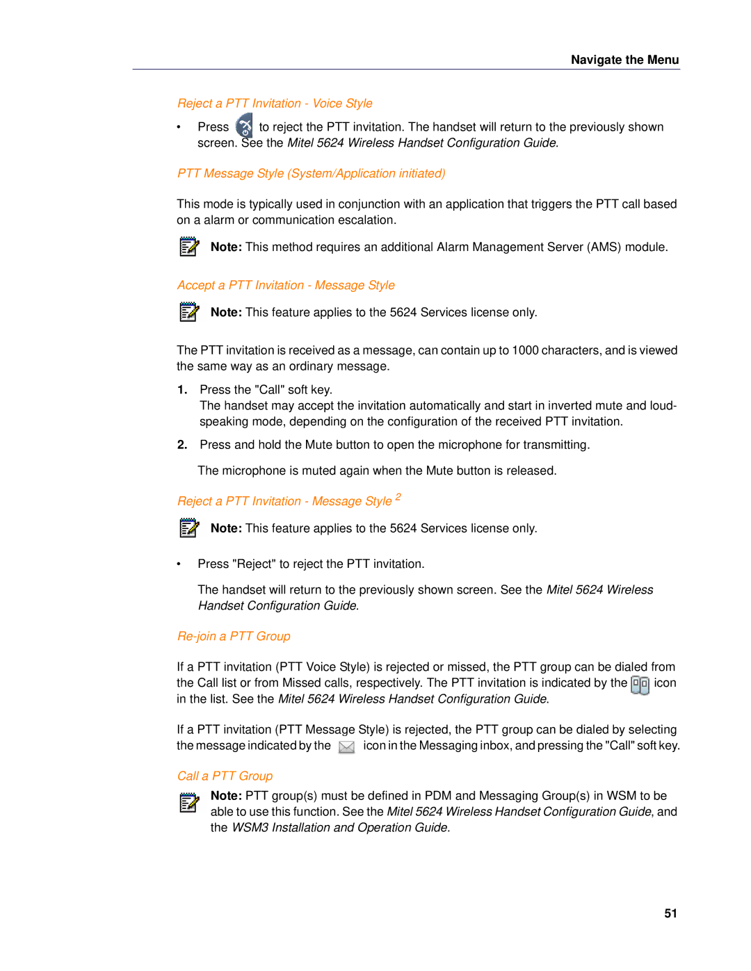 Mitel 5624 manual Reject a PTT Invitation Voice Style, PTT Message Style System/Application initiated, Re-join a PTT Group 