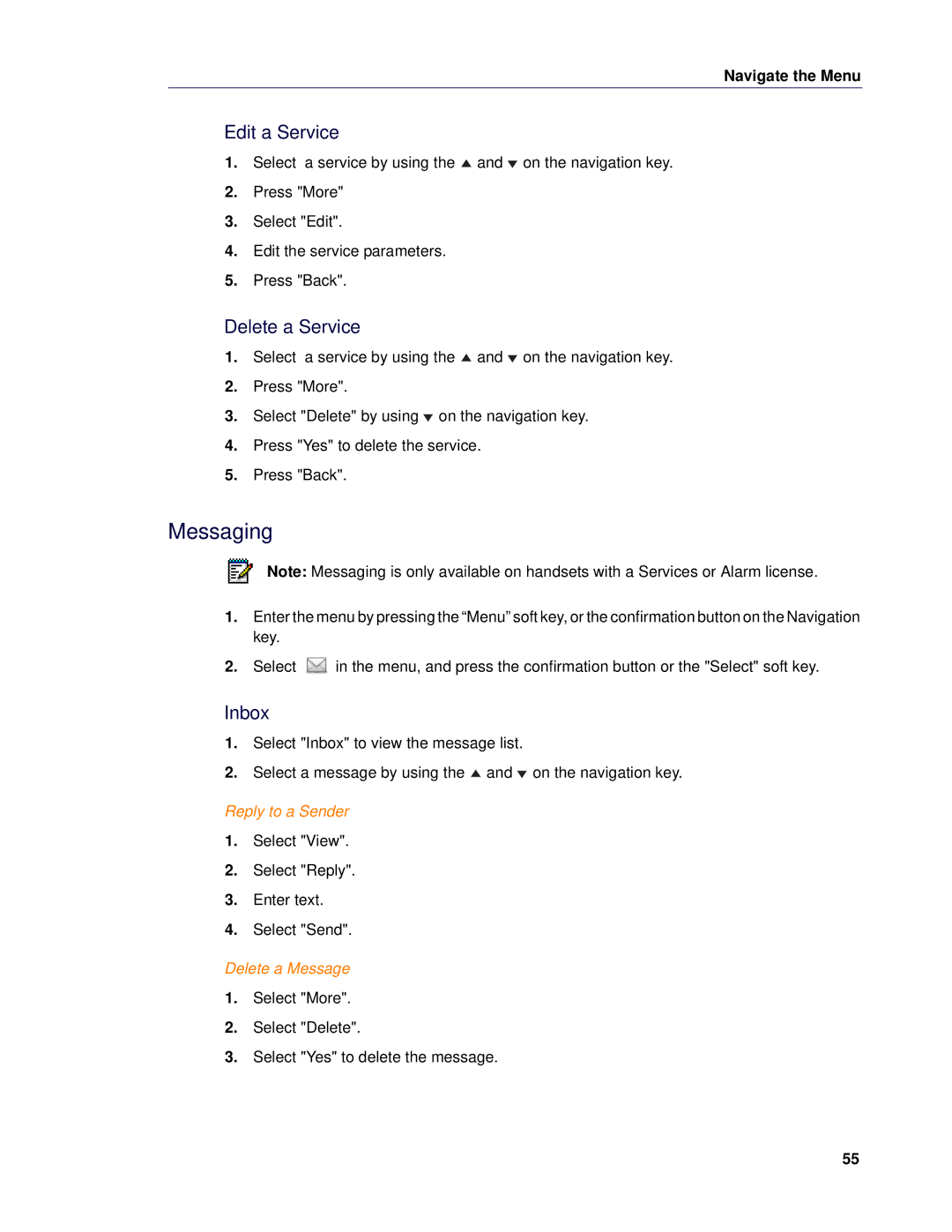 Mitel 5624 manual Edit a Service, Delete a Service, Inbox, Reply to a Sender, Delete a Message 