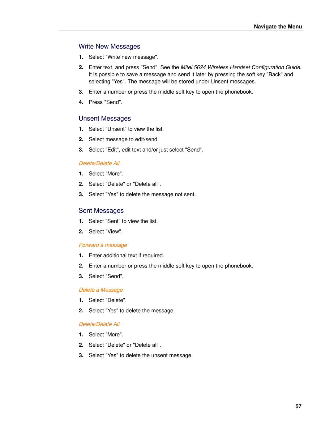 Mitel 5624 manual Write New Messages, Unsent Messages, Sent Messages, Delete/Delete All 