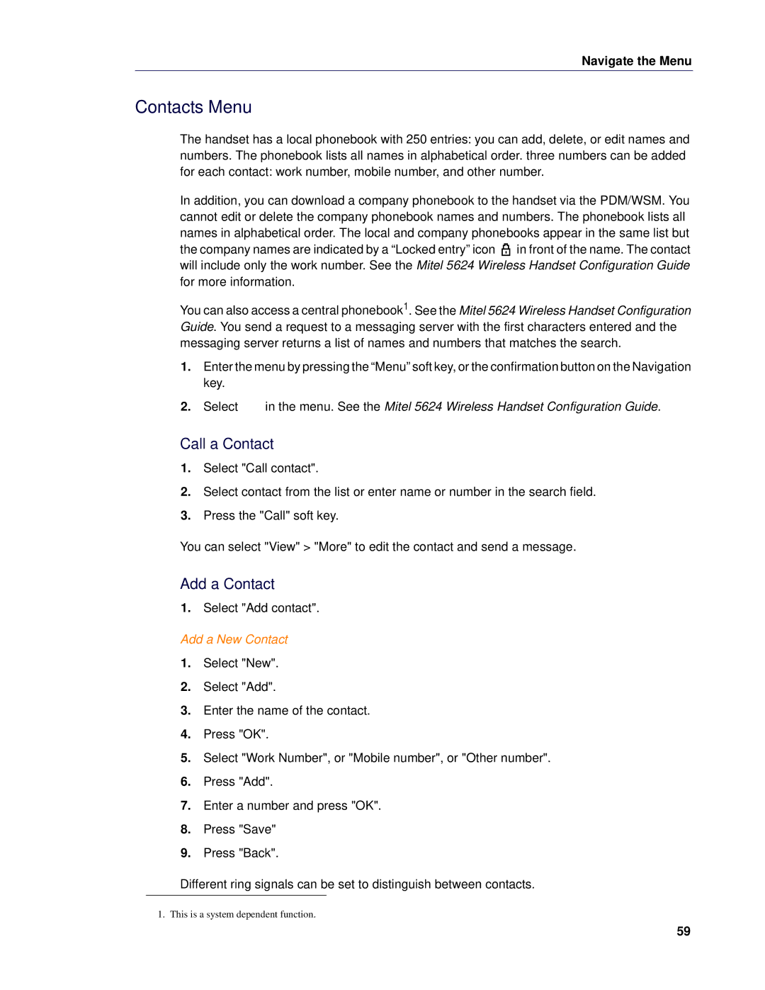 Mitel 5624 manual Contacts Menu, Call a Contact, Add a Contact, Add a New Contact 