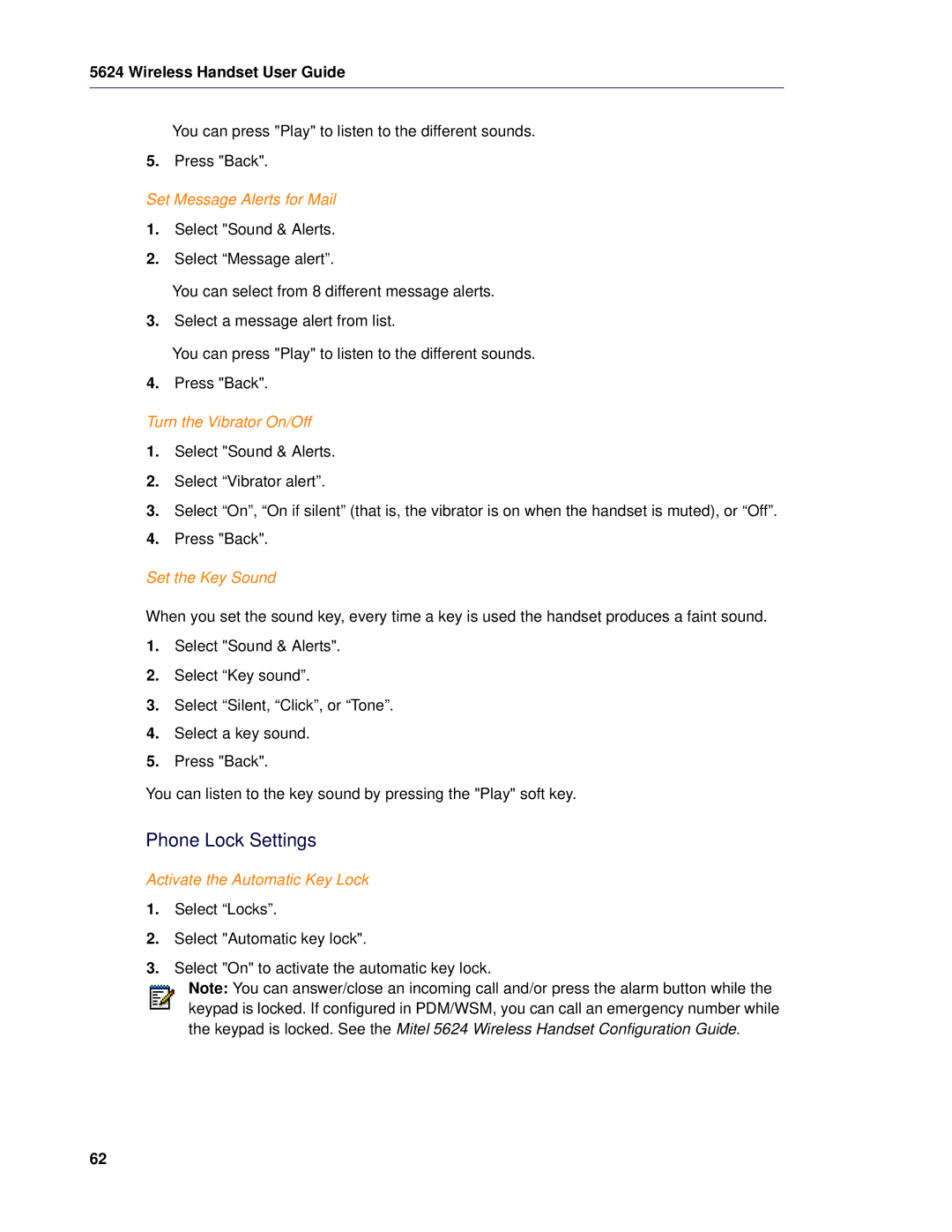 Mitel 5624 manual Phone Lock Settings, Set Message Alerts for Mail, Turn the Vibrator On/Off, Set the Key Sound 