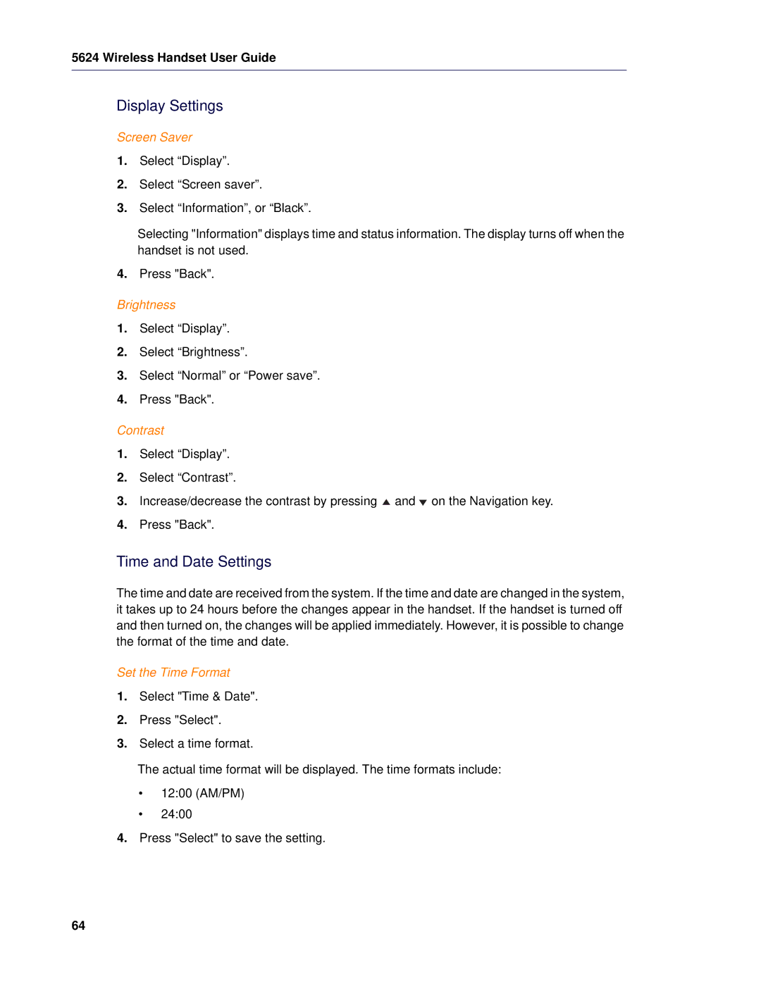 Mitel 5624 manual Display Settings, Time and Date Settings 