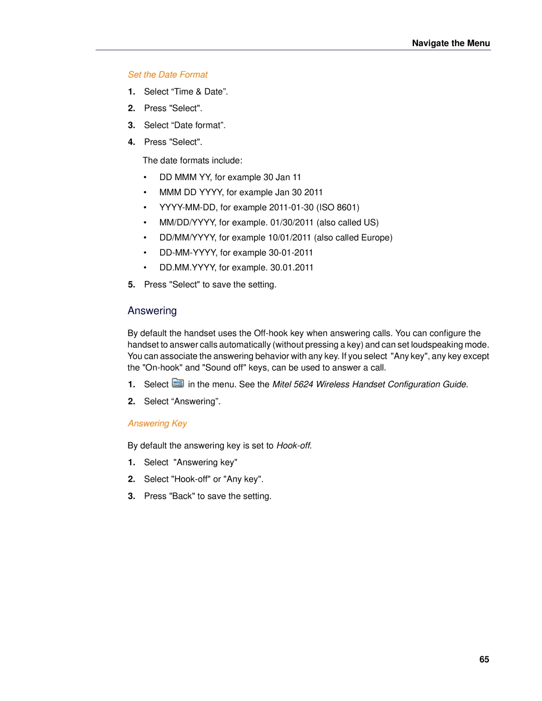 Mitel 5624 manual Set the Date Format, Answering Key 