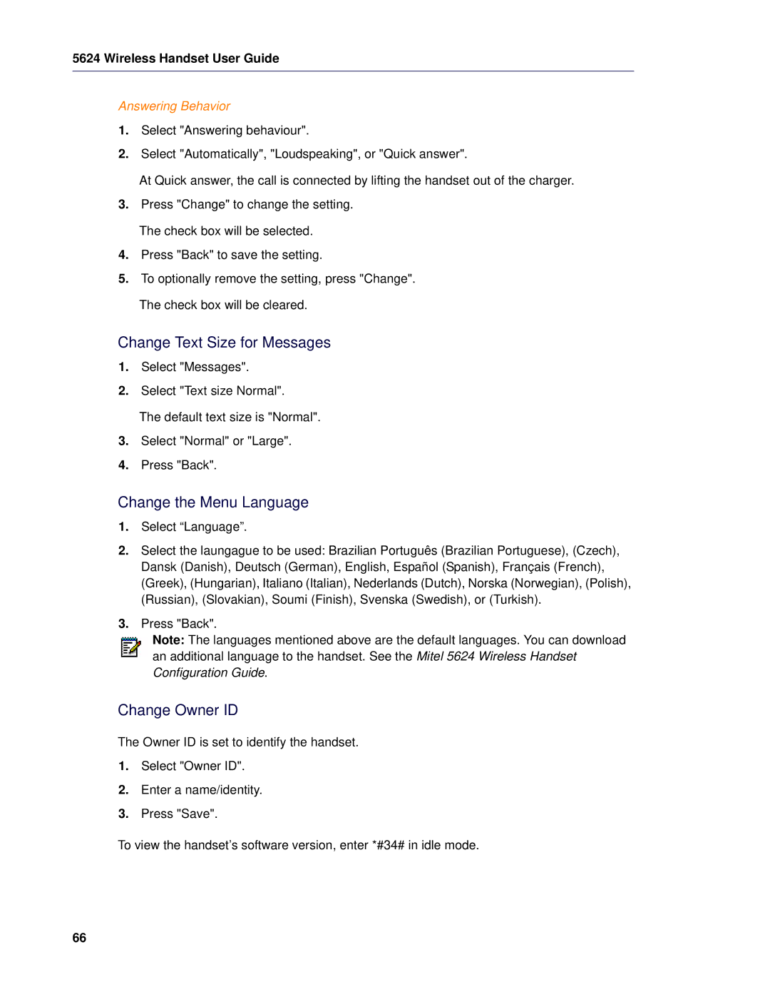 Mitel 5624 manual Change Text Size for Messages, Change the Menu Language, Change Owner ID, Answering Behavior 