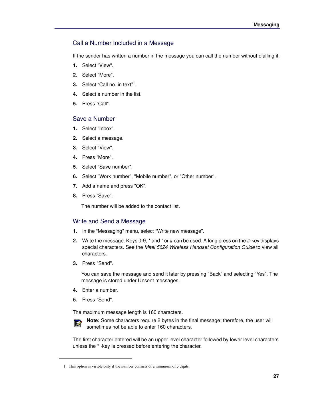 Mitel 5624 manual Call a Number Included in a Message, Save a Number, Write and Send a Message 