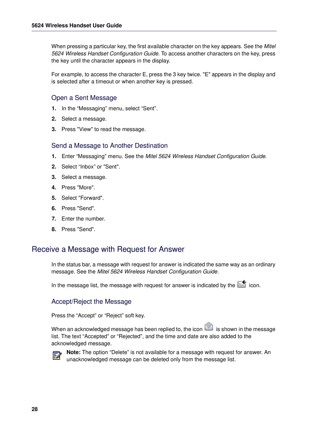 Mitel 5624 manual Receive a Message with Request for Answer, Open a Sent Message, Send a Message to Another Destination 