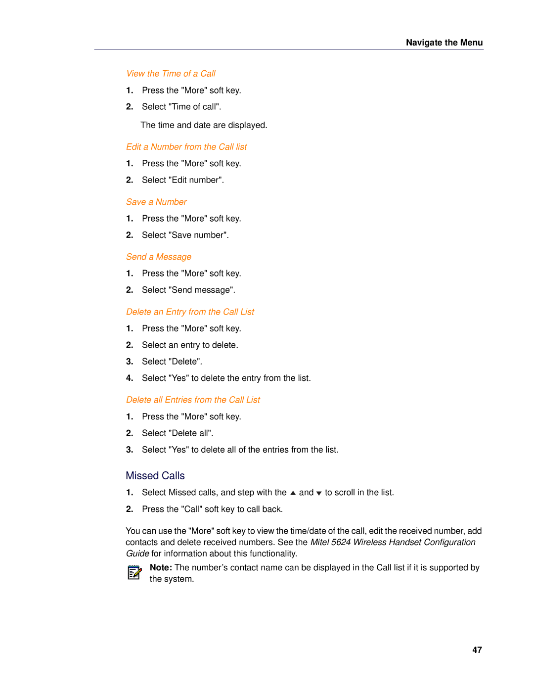 Mitel 5624 manual Missed Calls 
