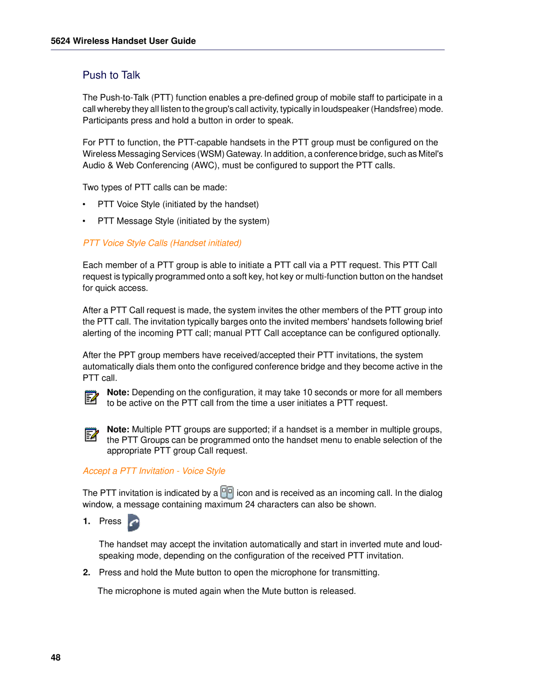 Mitel 5624 manual Push to Talk, PTT Voice Style Calls Handset initiated, Accept a PTT Invitation Voice Style 