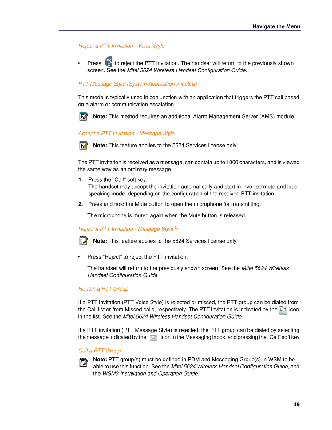 Mitel 5624 manual Reject a PTT Invitation Voice Style, PTT Message Style System/Application initiated, Re-join a PTT Group 