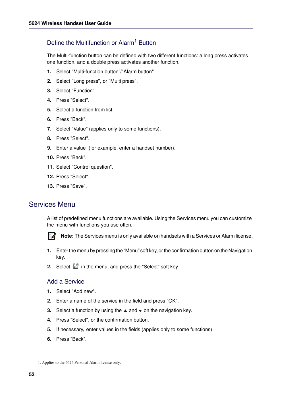 Mitel 5624 manual Services Menu, Define the Multifunction or Alarm1 Button, Add a Service 