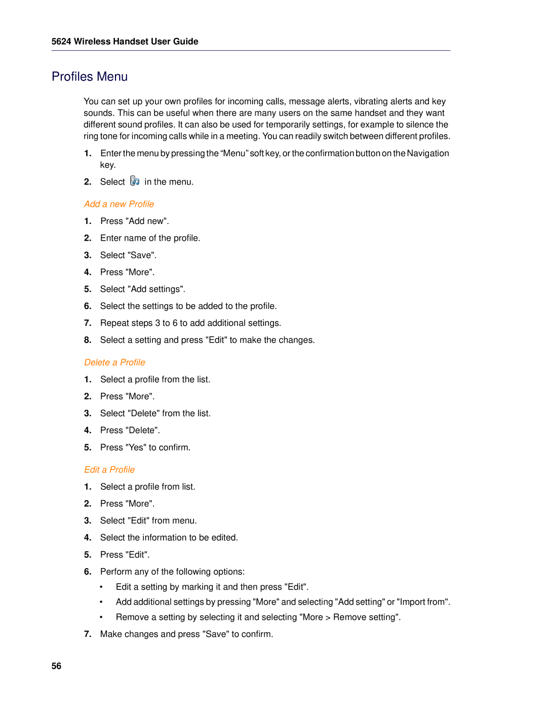 Mitel 5624 manual Profiles Menu, Add a new Profile, Delete a Profile, Edit a Profile 