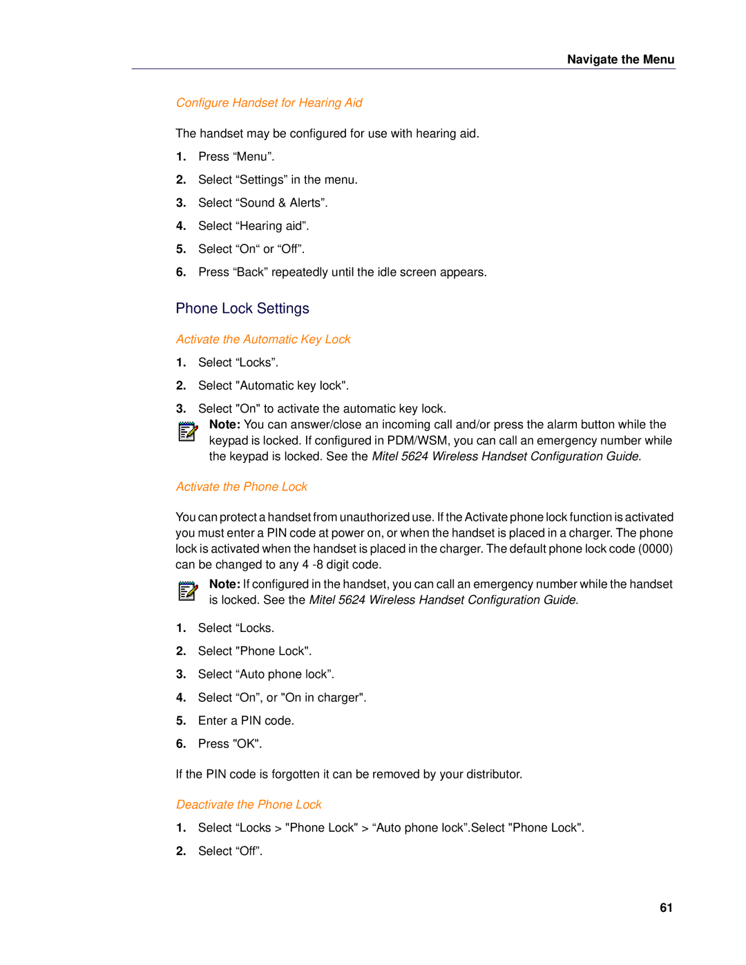 Mitel 5624 manual Phone Lock Settings, Configure Handset for Hearing Aid, Activate the Automatic Key Lock 