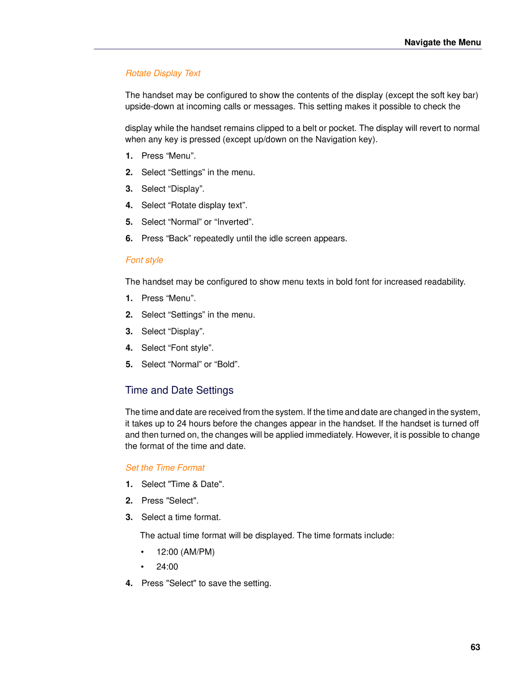 Mitel 5624 manual Time and Date Settings, Rotate Display Text, Font style, Set the Time Format 