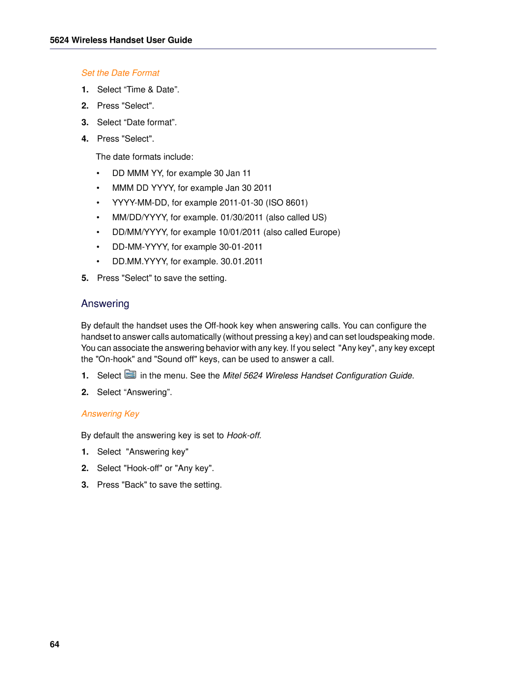 Mitel 5624 manual Set the Date Format, Answering Key 