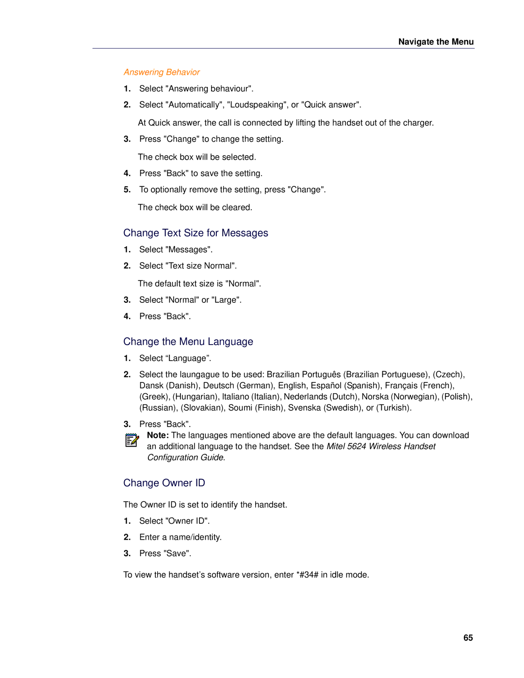 Mitel 5624 manual Change Text Size for Messages, Change the Menu Language, Change Owner ID, Answering Behavior 