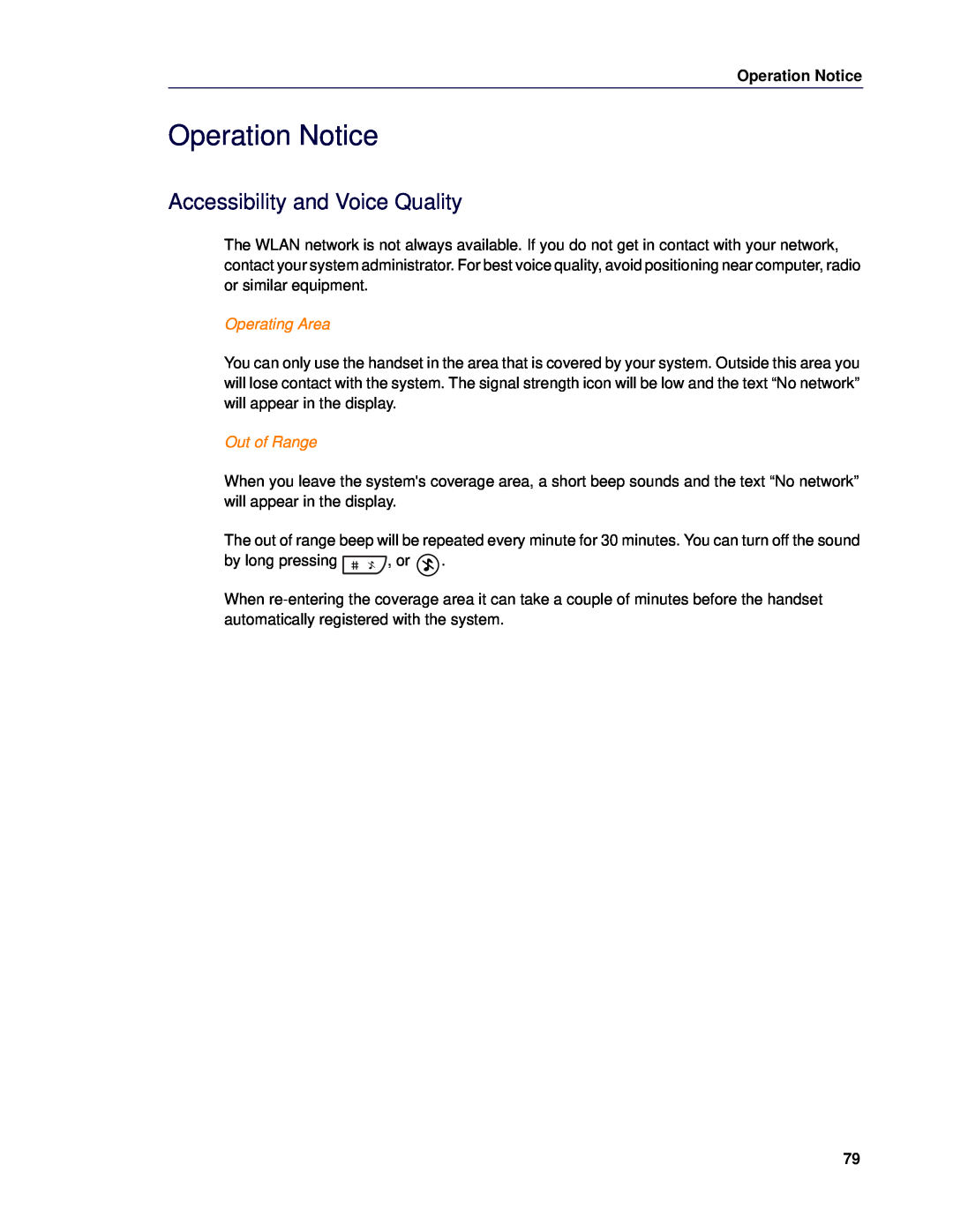 Mitel 5624 manual Operation Notice, Accessibility and Voice Quality, Operating Area, Out of Range 