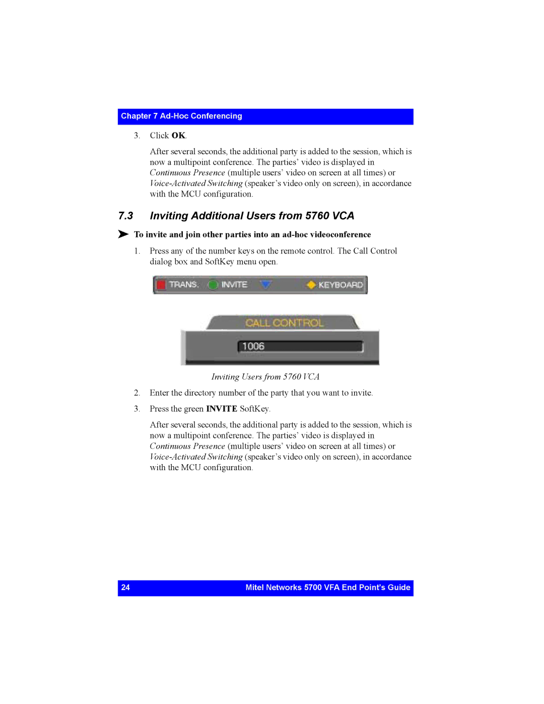 Mitel 5700 manual Inviting Additional Users from 5760 VCA, Inviting Users from 5760 VCA 