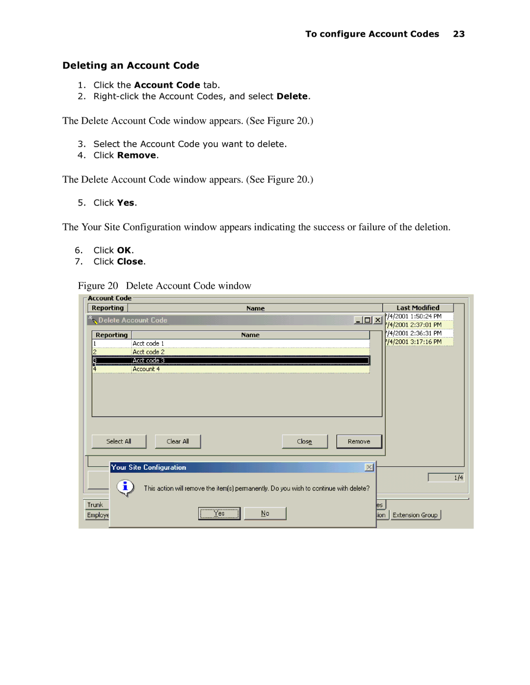 Mitel 6150 MCC manual Delete Account Code window appears. See Figure 