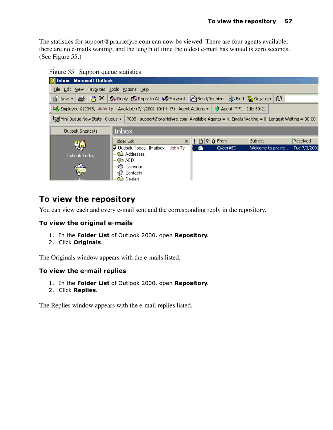 Mitel 6150 MCC manual 7RYLHZWKHUHSRVLWRU, Originals window appears with the e-mails listed 