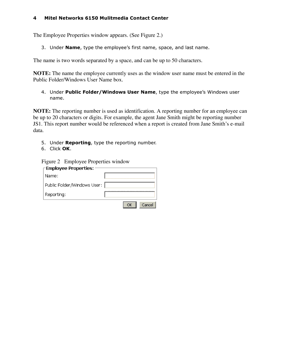 Mitel 6150 MCC manual Employee Properties window appears. See Figure 