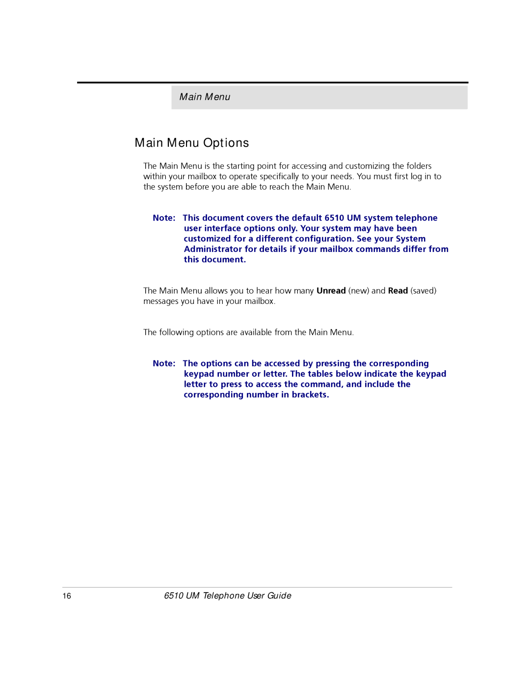 Mitel 6510 manual Main Menu Options 