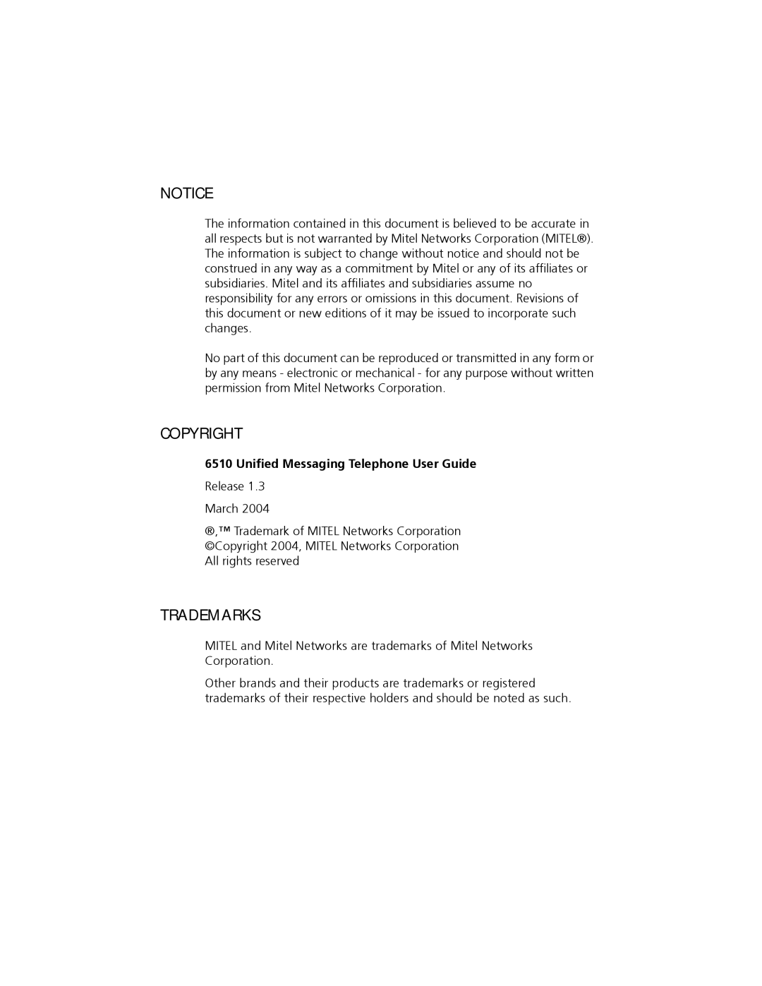 Mitel 6510 manual Copyright 