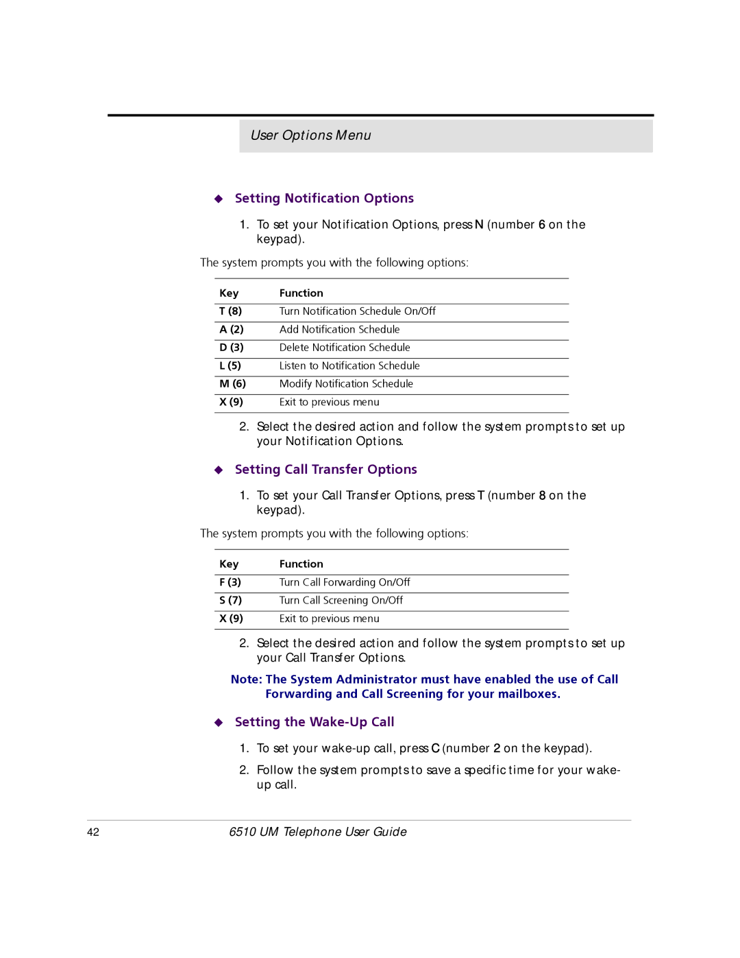 Mitel 6510 manual Setting Notification Options, Setting Call Transfer Options, Setting the Wake-Up Call 