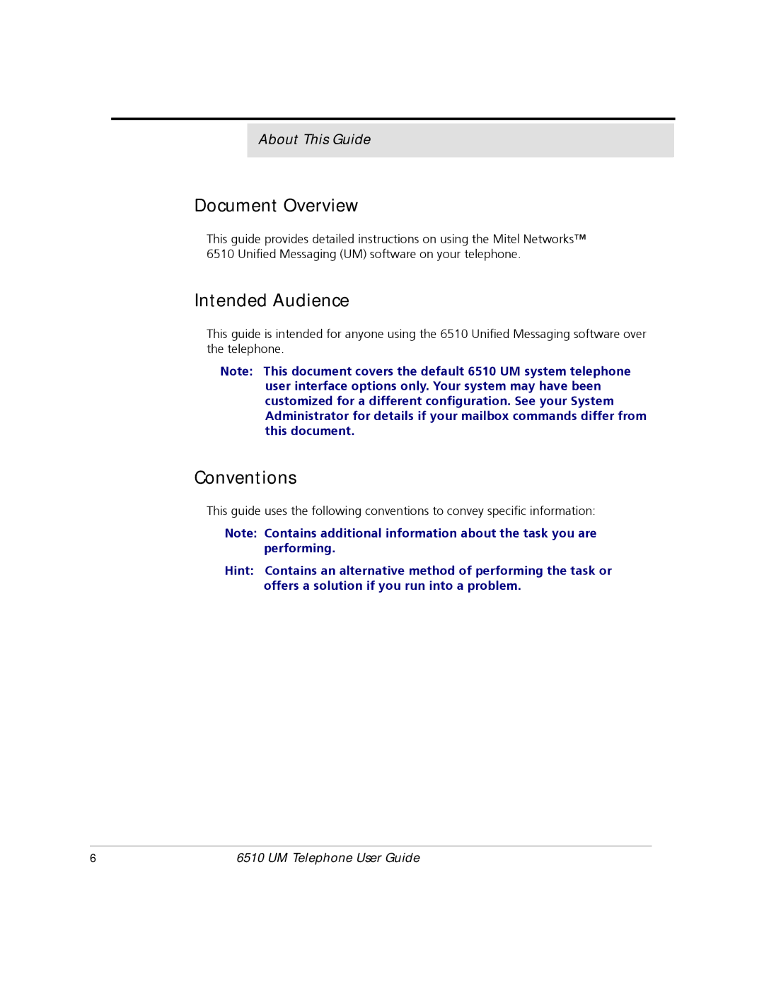 Mitel 6510 manual Document Overview, Intended Audience, Conventions 