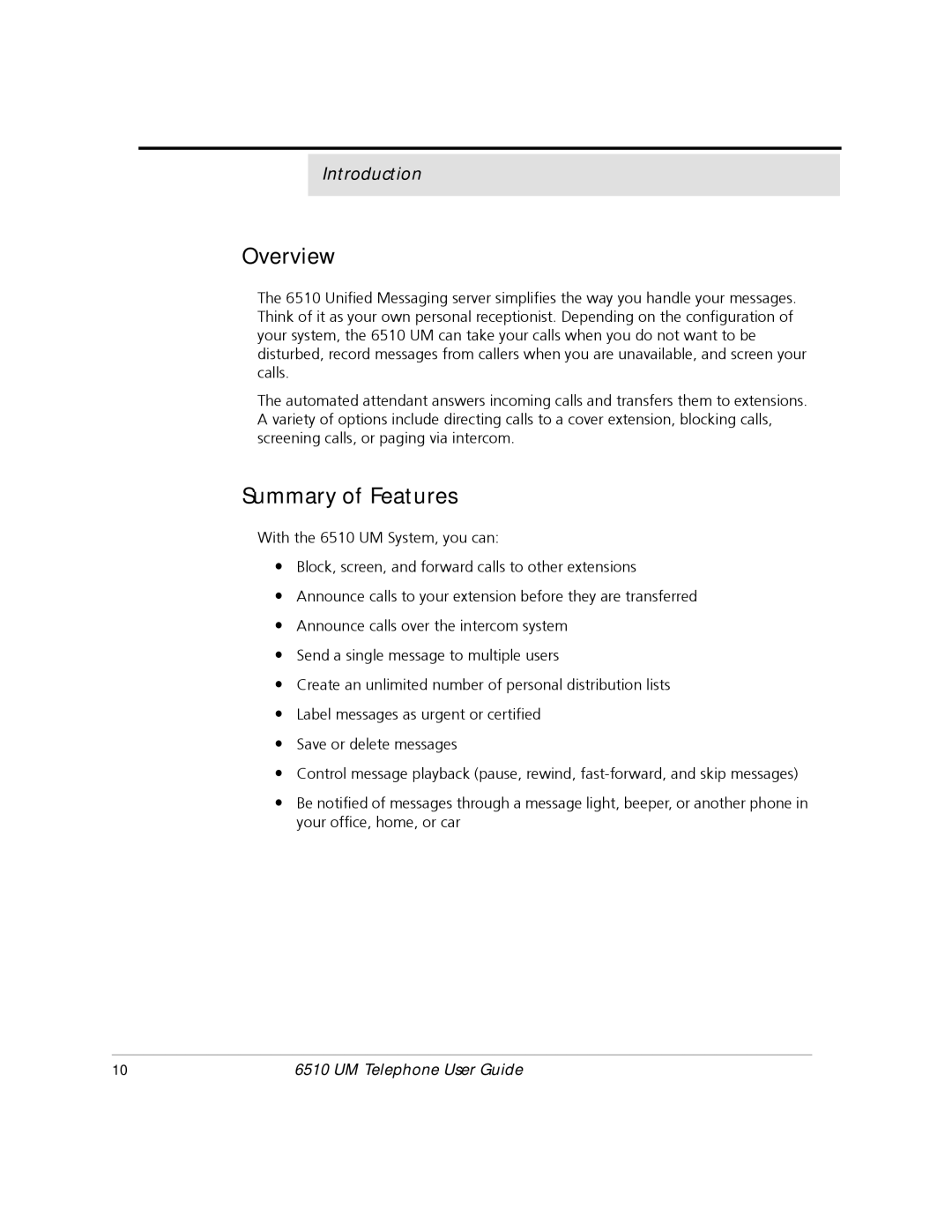 Mitel 6510 manual Overview, Summary of Features 