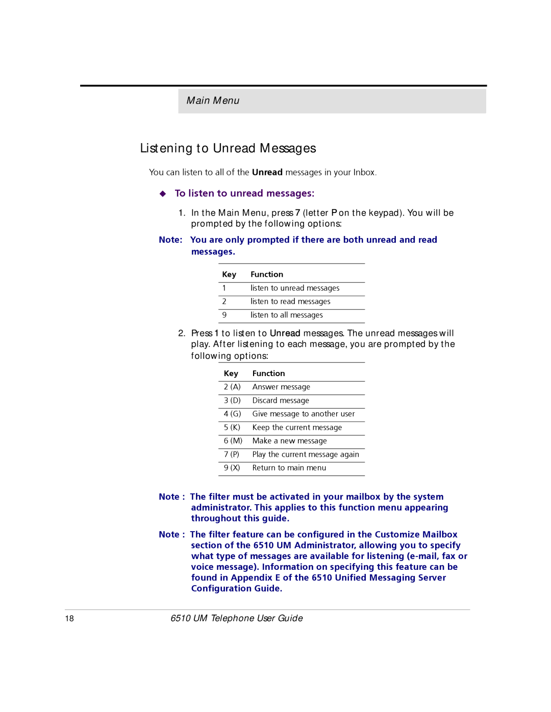 Mitel 6510 manual Listening to Unread Messages, To listen to unread messages 