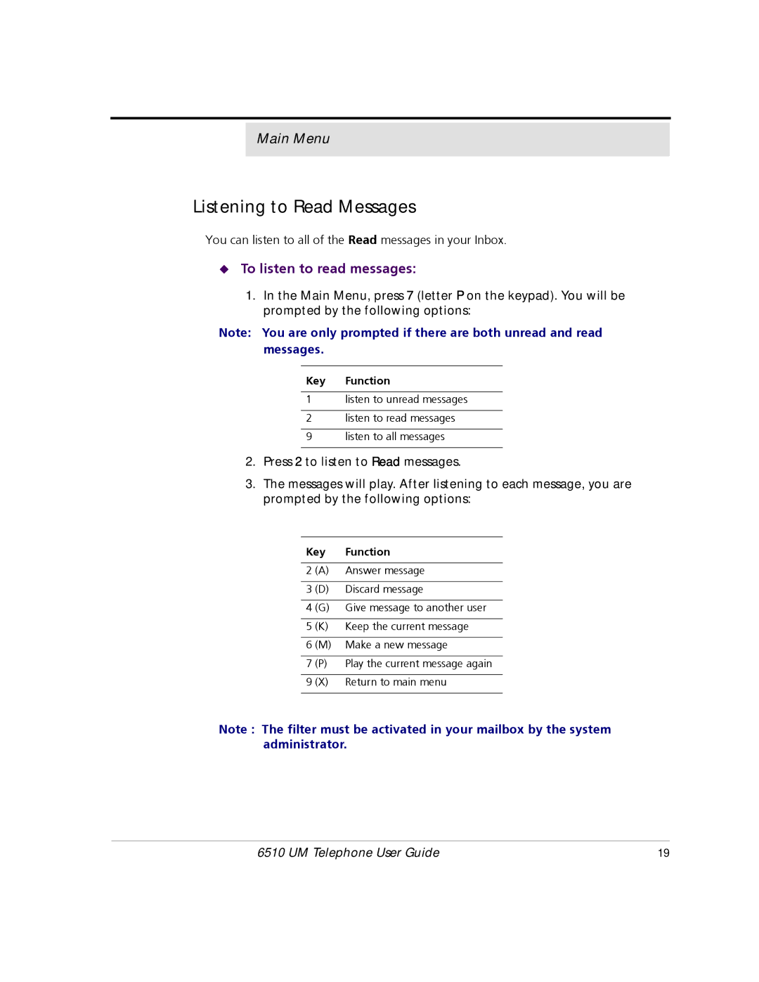 Mitel 6510 manual Listening to Read Messages, To listen to read messages 