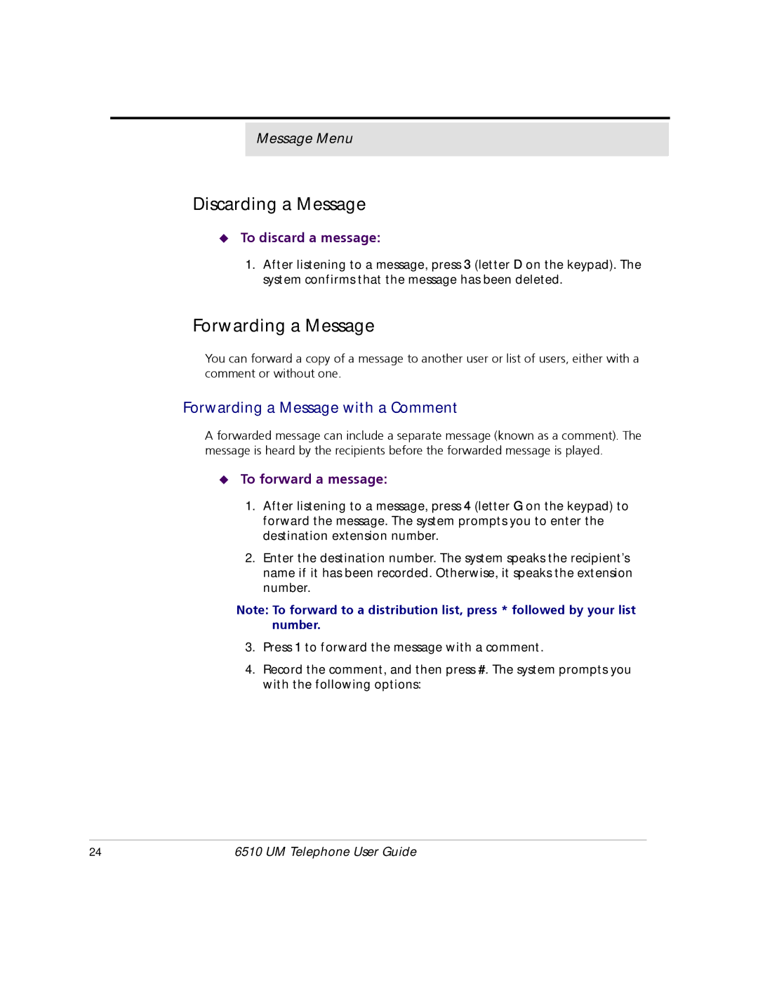 Mitel 6510 manual Discarding a Message, Forwarding a Message, To discard a message, To forward a message 