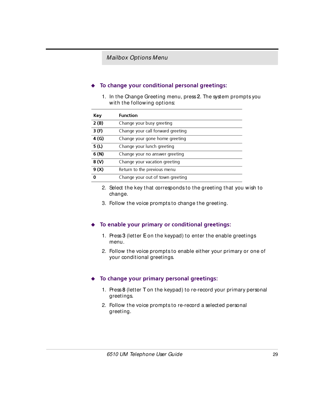 Mitel 6510 manual To change your conditional personal greetings, To enable your primary or conditional greetings 