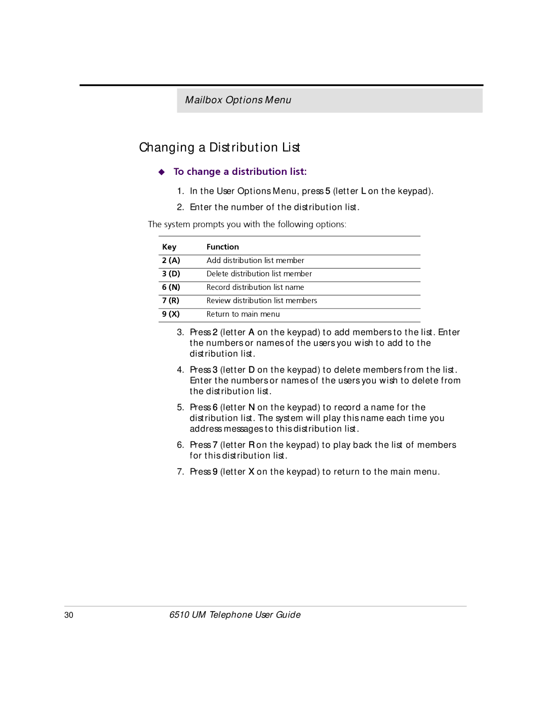 Mitel 6510 manual Changing a Distribution List, To change a distribution list 