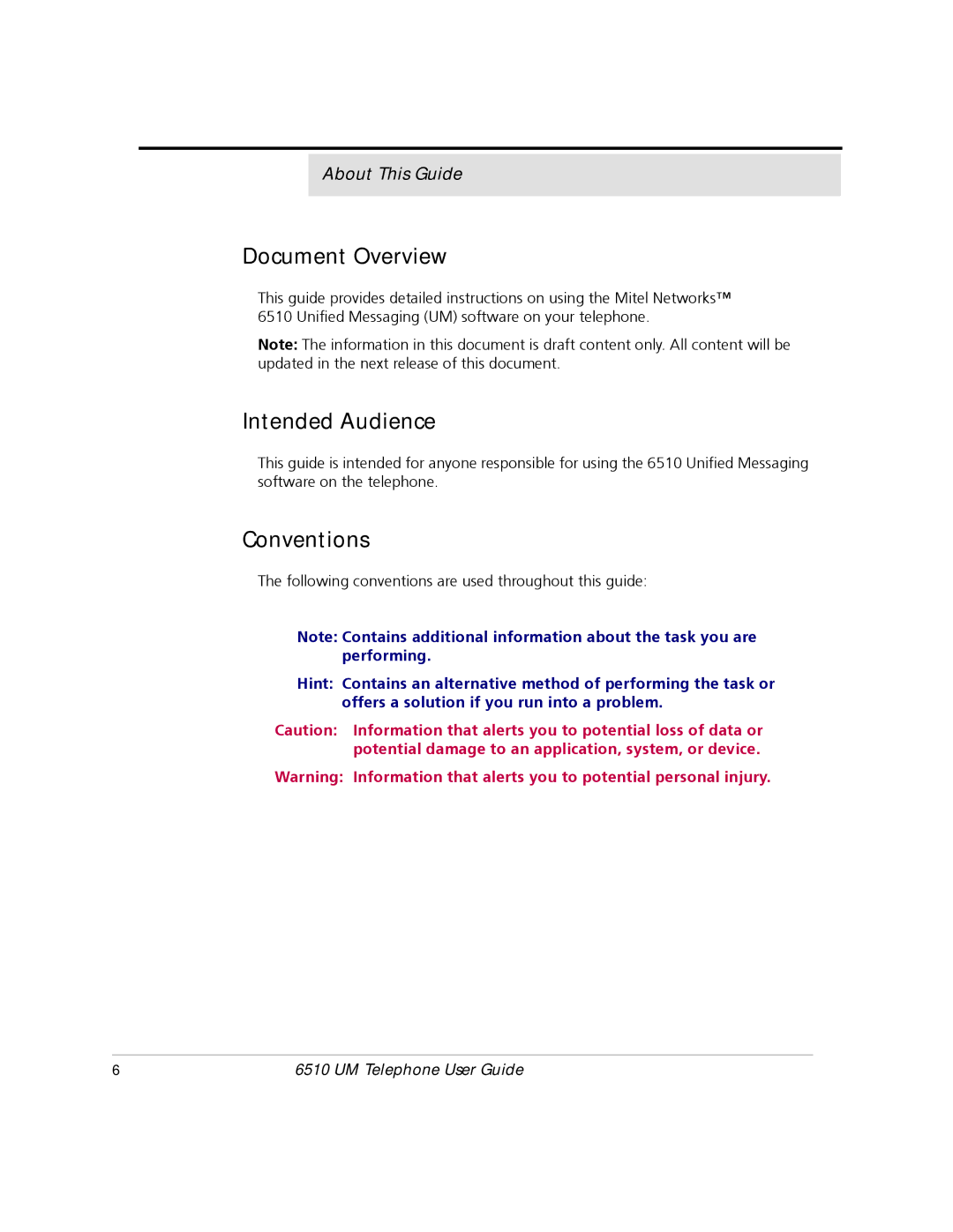 Mitel 6510 manual Document Overview, Intended Audience, Conventions 