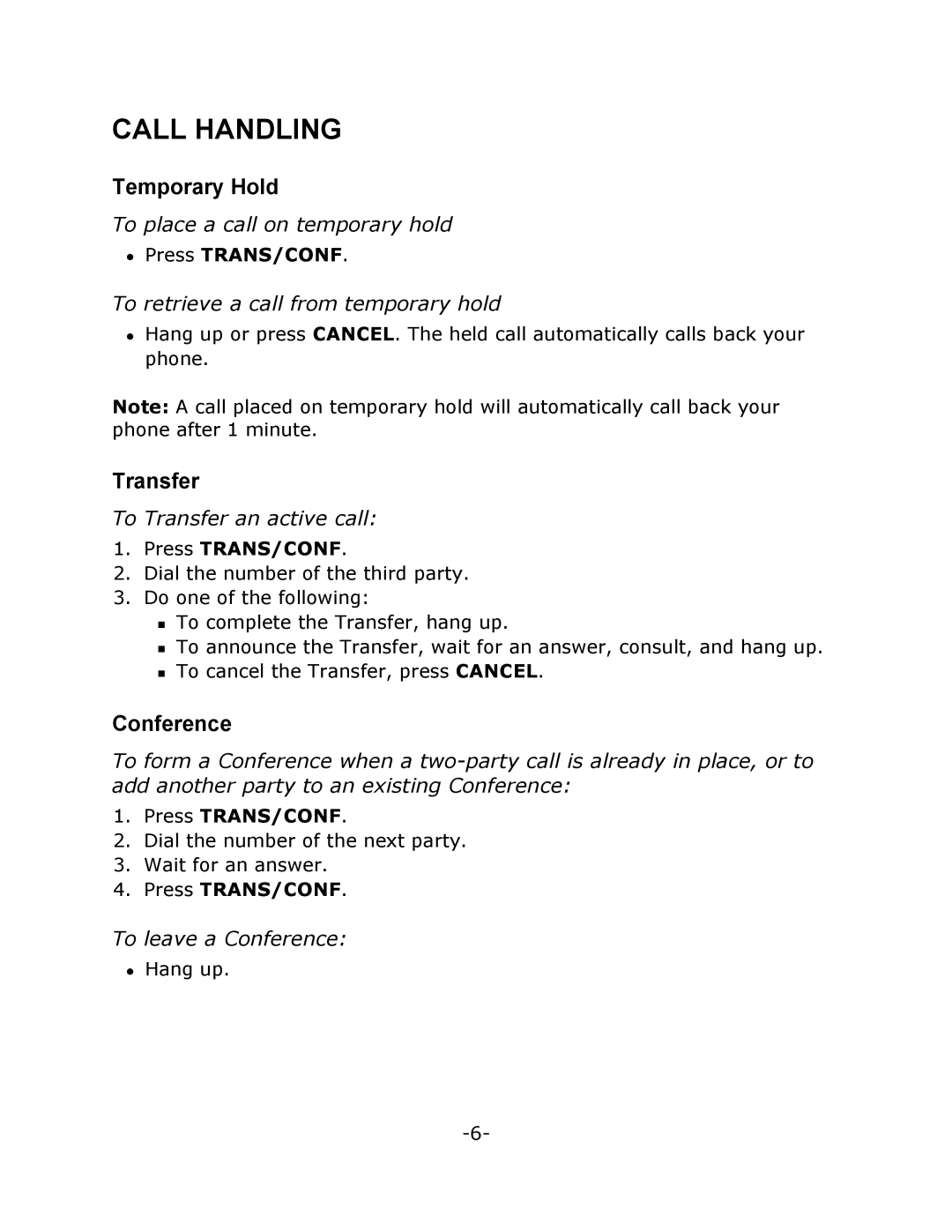 Mitel 7000 Series manual Call Handling, Temporary Hold, Transfer, Conference 