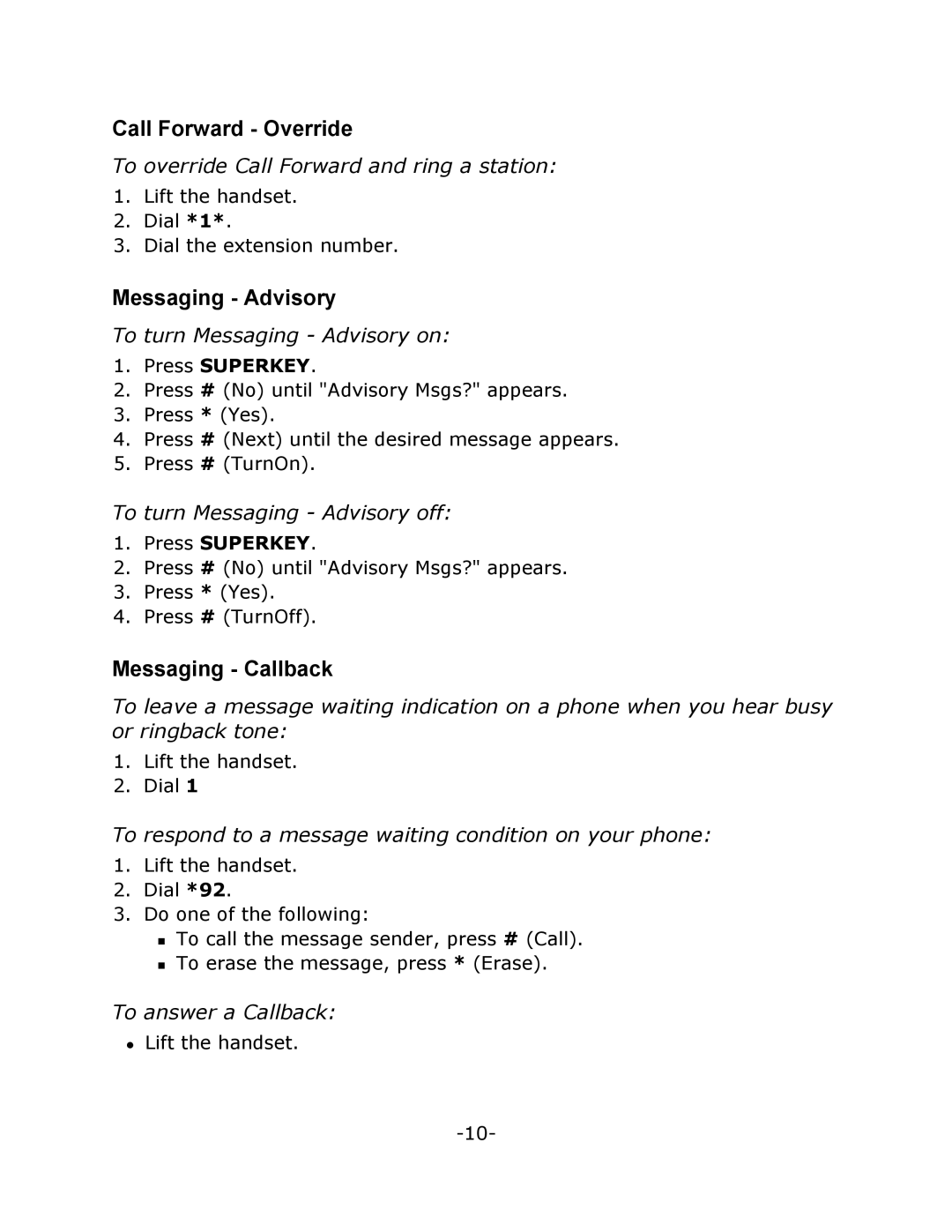 Mitel 7000 Series manual Call Forward Override, Messaging Advisory, Messaging Callback 